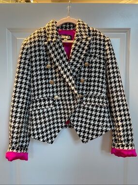 Katie J NYC Black & White Houndstooth Double-Breasted Blazer with Pink Accents